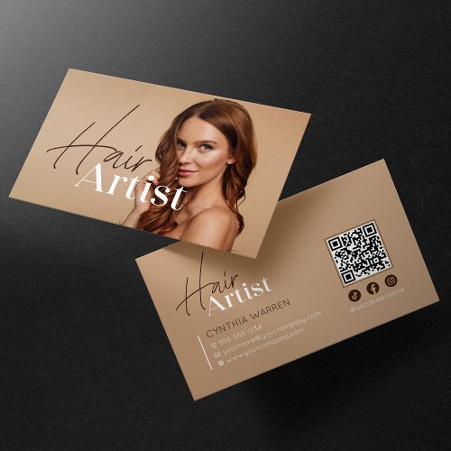 Trendy Elegant Biege Hairstylist Photo QR Code Business Card