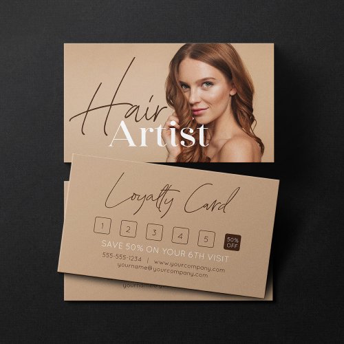 Trendy Elegant Biege Hairstylist Photo Script Loyalty Card