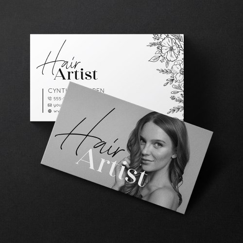 Trendy Elegant Black and white Hairstylist Photo Business Card