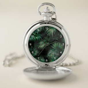 Trendy Elegant black green Tropical Palm Leaves Pocket Watch