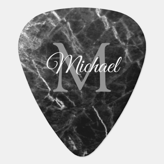 Trendy Elegant Black Marble Template Monogrammed Guitar Pick (Front)
