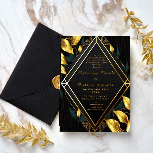 Trendy Elegant Black Velvet and Gold Foliage  Foil Invitation