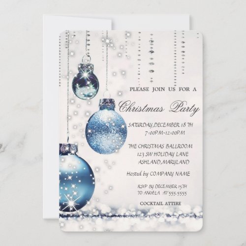 Trendy Elegant Blue Christmas Balls Party Invitation