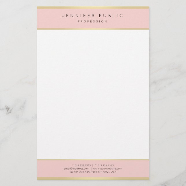 Trendy Elegant Blush Pink Gold Template Modern Stationery (Front)
