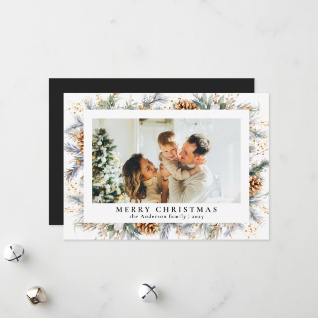 Trendy Elegant Botanical Foliage | Black Christmas Holiday Card (Front/Back In Situ)