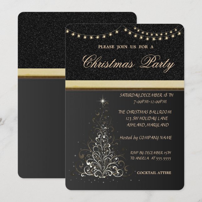 Trendy Elegant Christmas Tree,BlackChristmas Party Invitation (Front/Back)