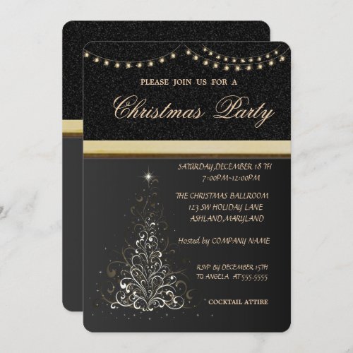 Trendy Elegant Christmas TreeBlackChristmas Party Invitation