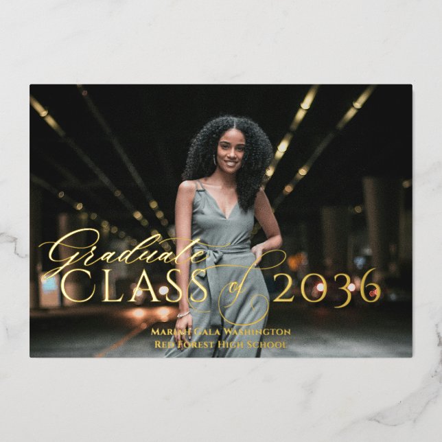 Trendy Elegant Classic Script Photo Graduation Foil Invitation (Front)