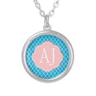 Trendy, elegant, cool, modern aqua blue quatrefoil silver plated necklace
