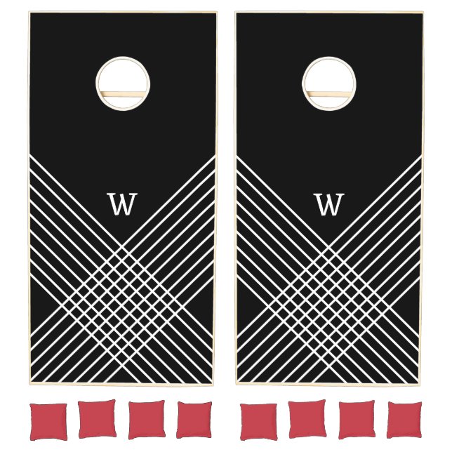 Trendy Elegant Geometric Black And White Initials Cornhole Set (Set)