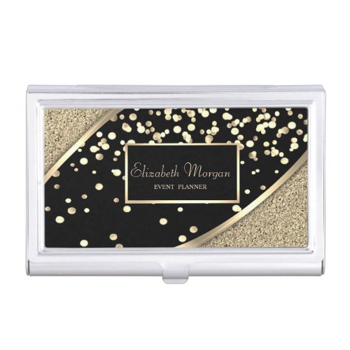 Trendy Elegant Glitter Gold Confetti Black Frame Business Card Case