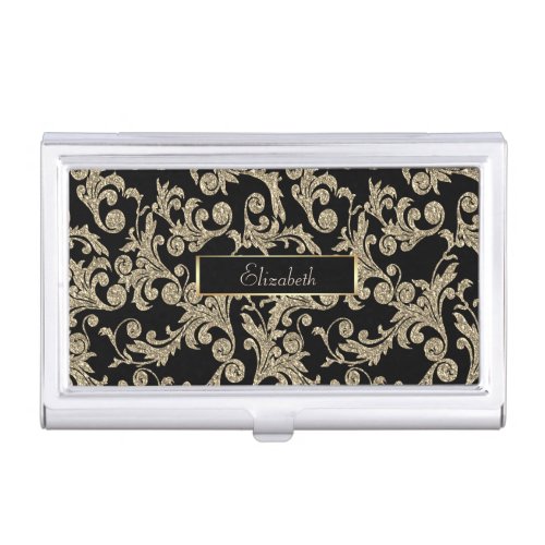 Trendy Elegant Gold Glitter Swirls Frame Business Card Case