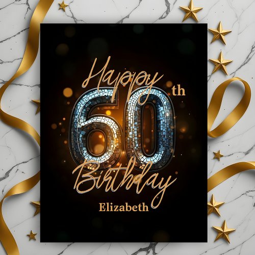 Trendy Elegant Gold Mosaic on Black 60th Birthday