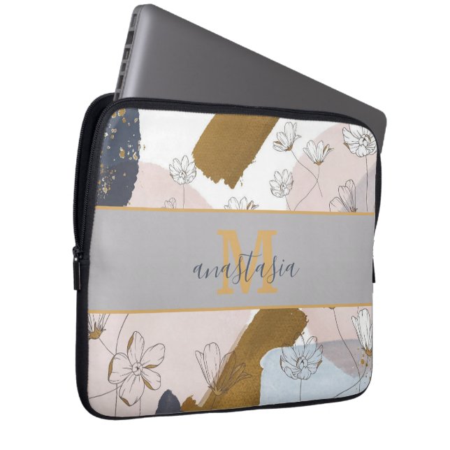 Trendy Elegant Gold Pink Lilac Monogram Laptop Sleeve (Front Right)