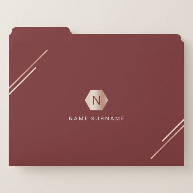 Trendy Elegant GoldRose Burgundy Monogram & Stripe File Folder (Front Left)