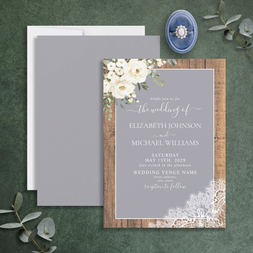 Trendy Elegant Gray Rustic Wood Script Wedding Inv Invitation