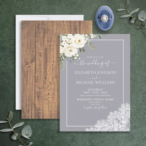 Trendy Elegant Gray Rustic Wood Script Wedding Invitation