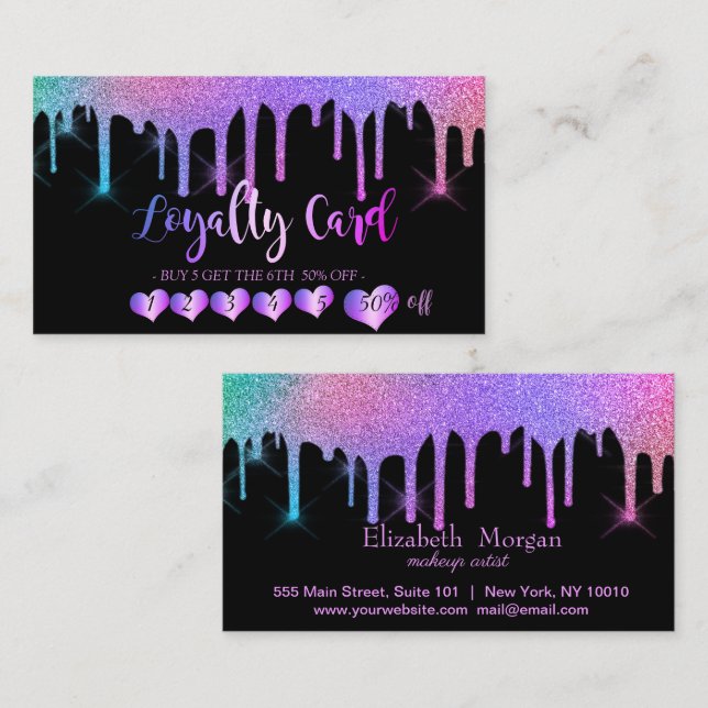 Trendy Elegant Hearts, Black, Glitter Drips Loyalty Card (Front/Back)