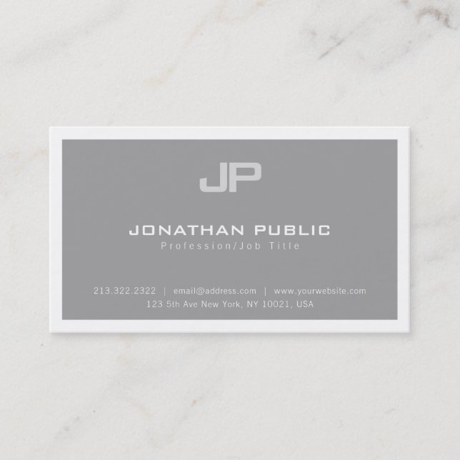 Trendy Elegant Modern Monogrammed Grey Plain Luxe Business Card (Front)
