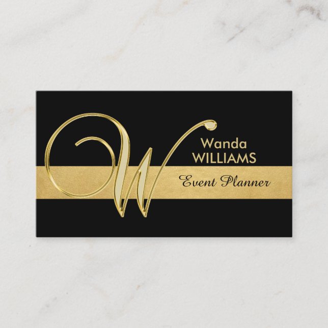 Trendy Elegant Monogrammed Gold Black Initial 'W' Business Card (Front)