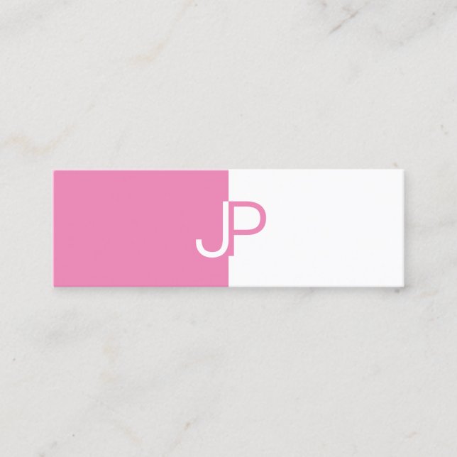 Trendy Elegant Pink White Monogrammed Template Mini Business Card (Front)