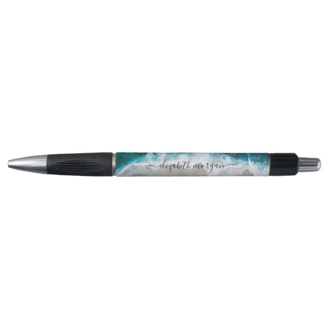 Trendy Elegant Script Beach Green Blue Name Pen (Front)