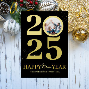 Trendy Elegant Script Happy New Year One Photo Holiday Card