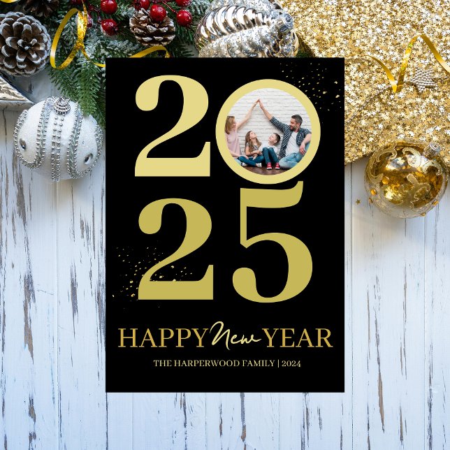 Trendy Elegant Script Happy New Year One Photo Holiday Card (Creator Uploaded)