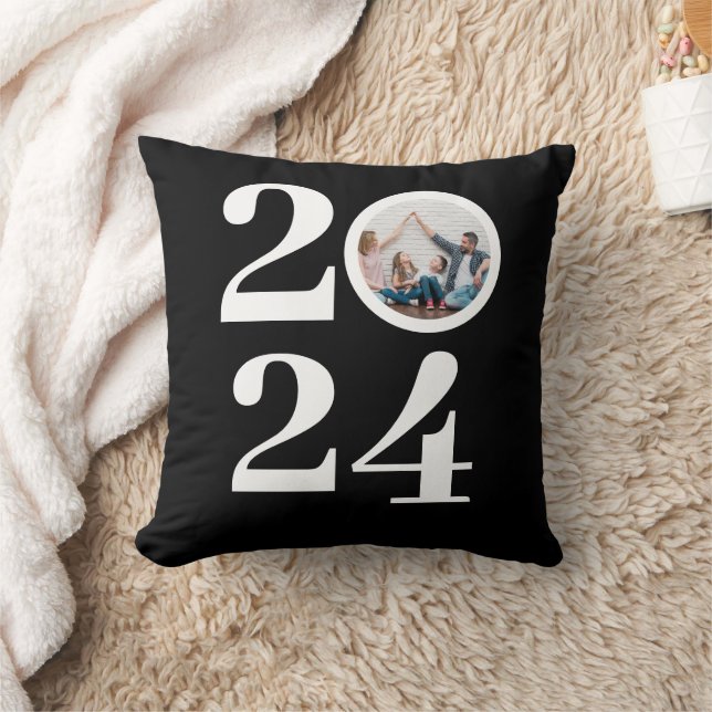 Trendy Elegant Script Happy New Year One Photo Throw Pillow (Blanket)