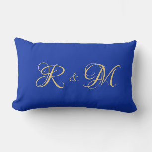 Trendy Elegant Solid Royal Blue Couple Initials Lumbar Pillow