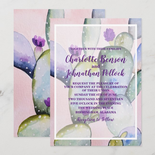 Trendy Elegant Watercolor Cactus Wedding Invitation (Front/Back)