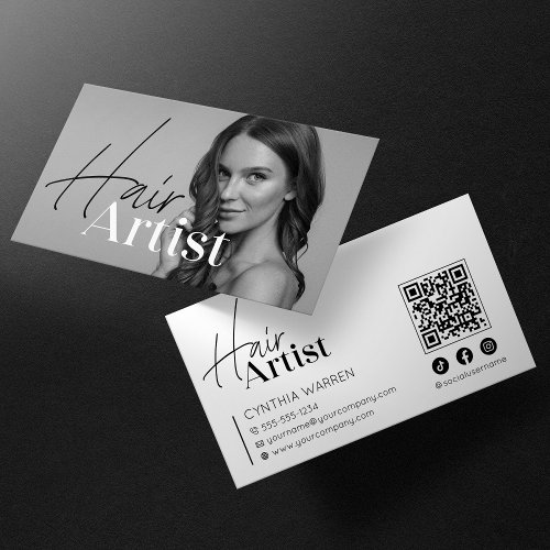Trendy Elegant White Hairstylist Photo QR Code Business Card