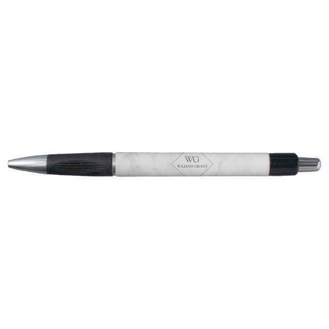 Trendy  Elegant White Marble Monogram Design Pen (Front)