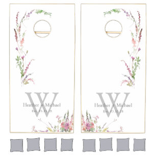 Trendy Elegant Wildflower Floral Monogram Wedding Cornhole Set