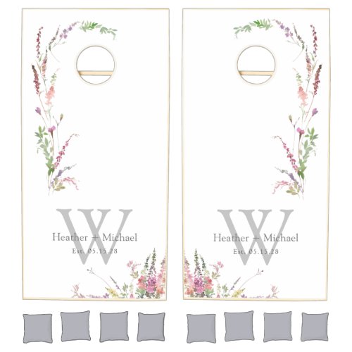 Trendy Elegant Wildflower Floral Monogram Wedding Cornhole Set