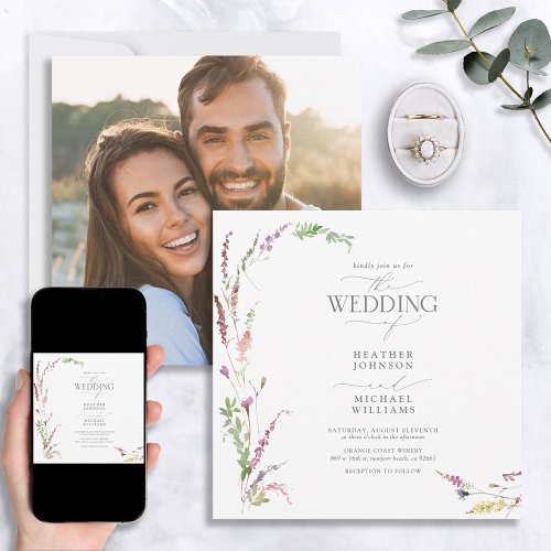 Trendy Elegant Wildflower Floral Photo Wedding Inv Invitation