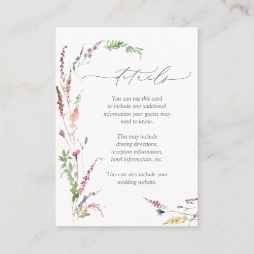 Trendy Elegant Wildflower Floral Wedding Details Enclosure Card