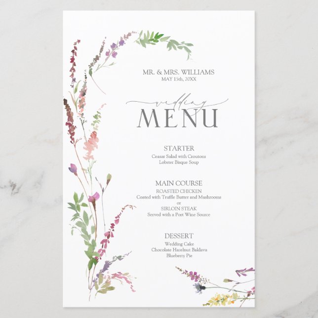 Trendy Elegant Wildflower Floral Wedding Menu (Front)