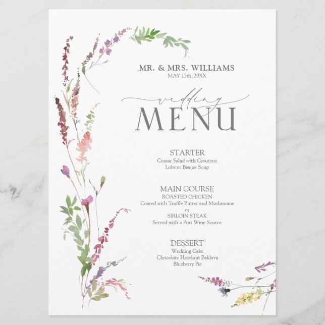 Trendy Elegant Wildflower Floral Wedding Menu (Front)