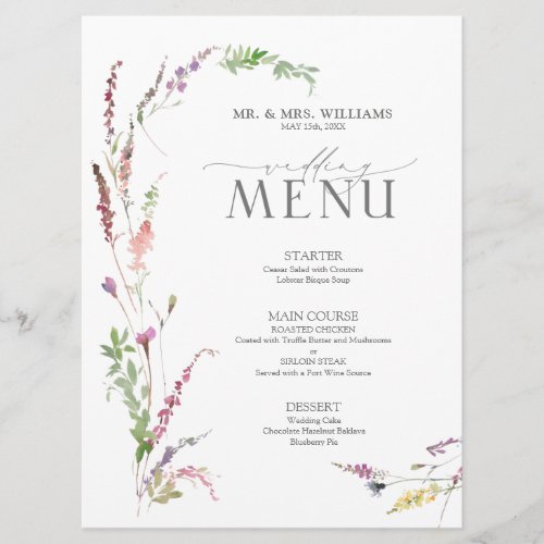 Trendy Elegant Wildflower Floral Wedding Menu