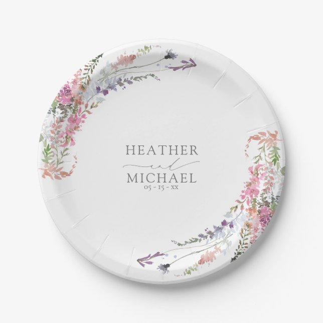 Trendy Elegant Wildflower Floral Wedding Paper Plates (Front)