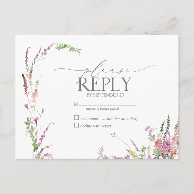 Trendy Elegant Wildflower Floral Wedding RSVP Invitation Postcard (Front)