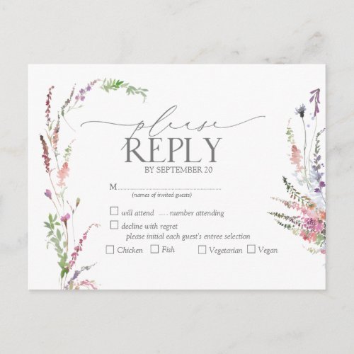 Trendy Elegant Wildflower Floral Wedding RSVP Invitation Postcard
