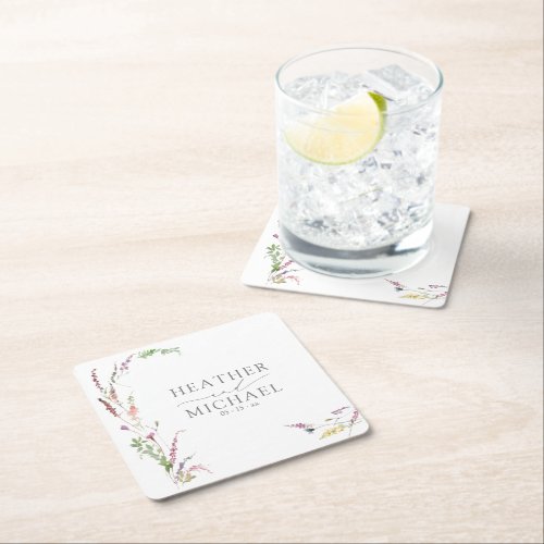 Trendy Elegant Wildflower Floral Wedding Square Paper Coaster