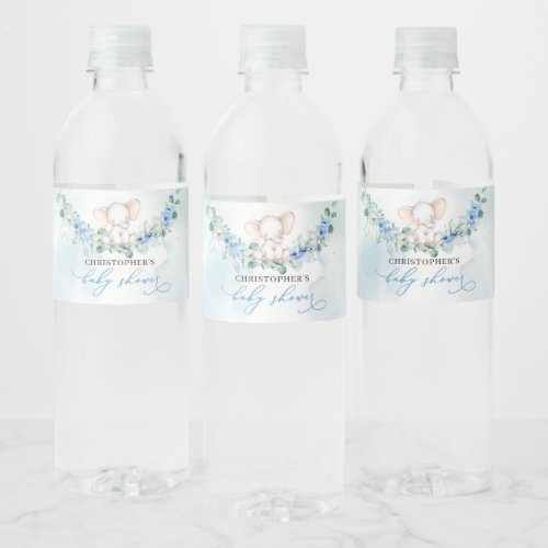 Trendy elephant blue floral eucalyptus baby shower water bottle label