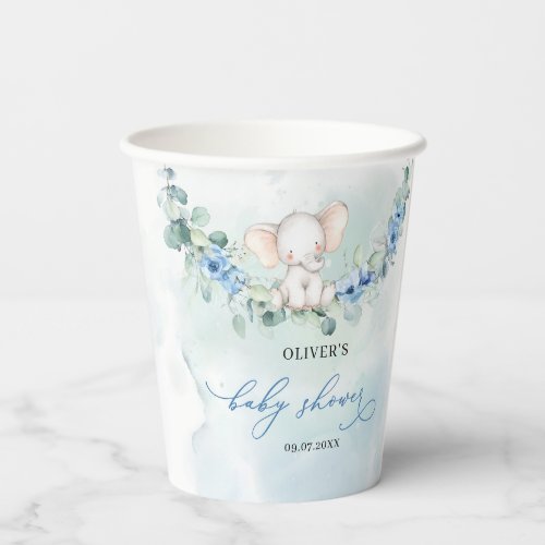 Trendy elephant blue floral eucalyptus boy baby paper cups