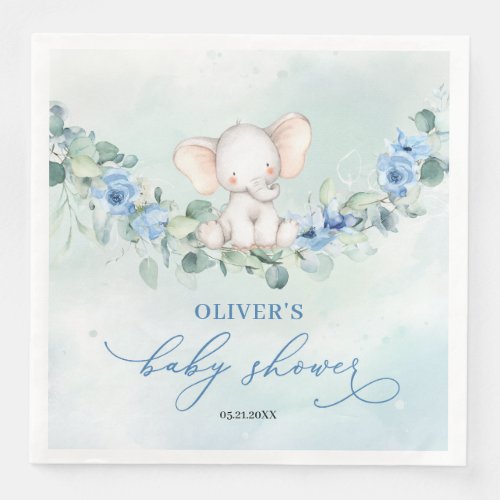 Trendy elephant blue floral eucalyptus boy baby paper dinner napkins