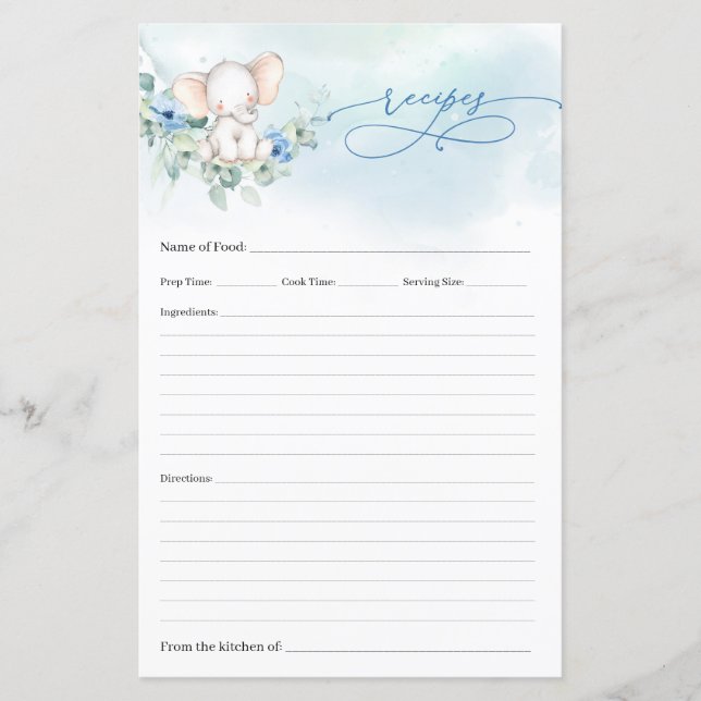 Trendy elephant blue floral eucalyptus recipe card (Front)