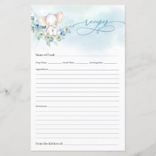 Trendy elephant blue floral eucalyptus recipe card