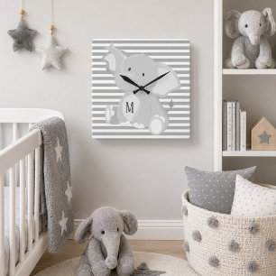 Trendy Elephant Monogram gray and white stripes Square Wall Clock